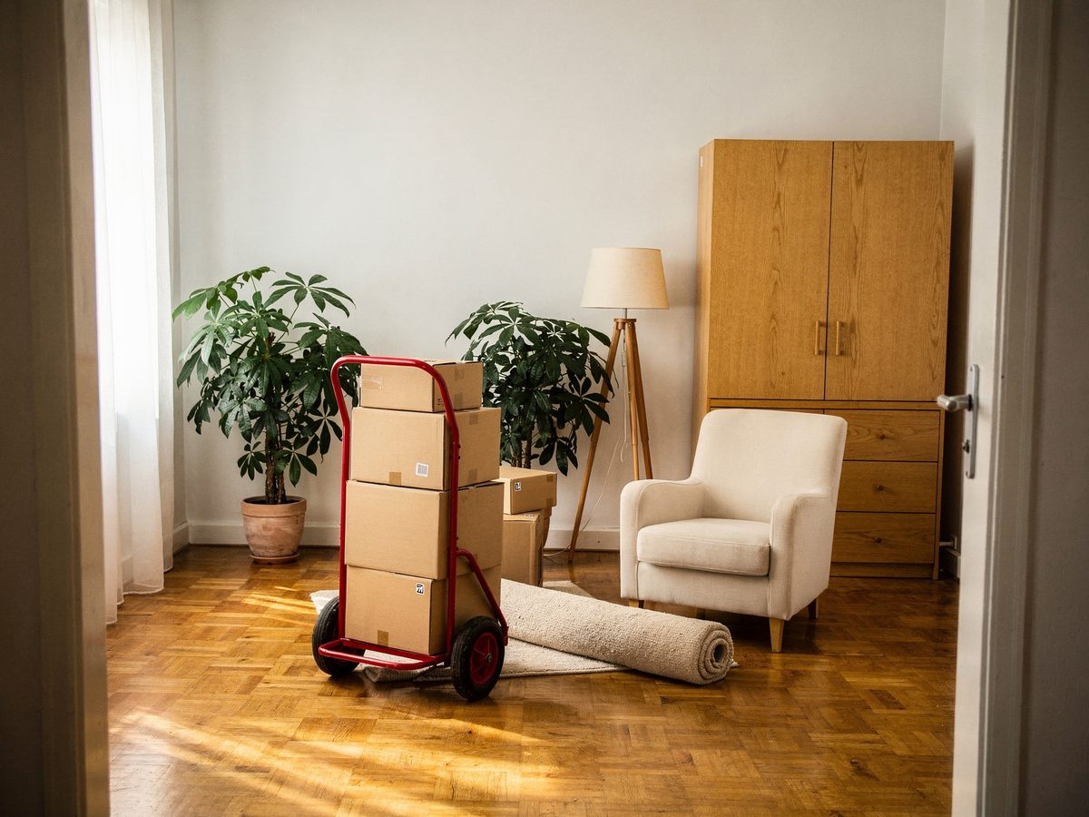 Wohnzimmer vor der Entrümpelung mit Umzugskartons, Holzschrank und Sackkarre
