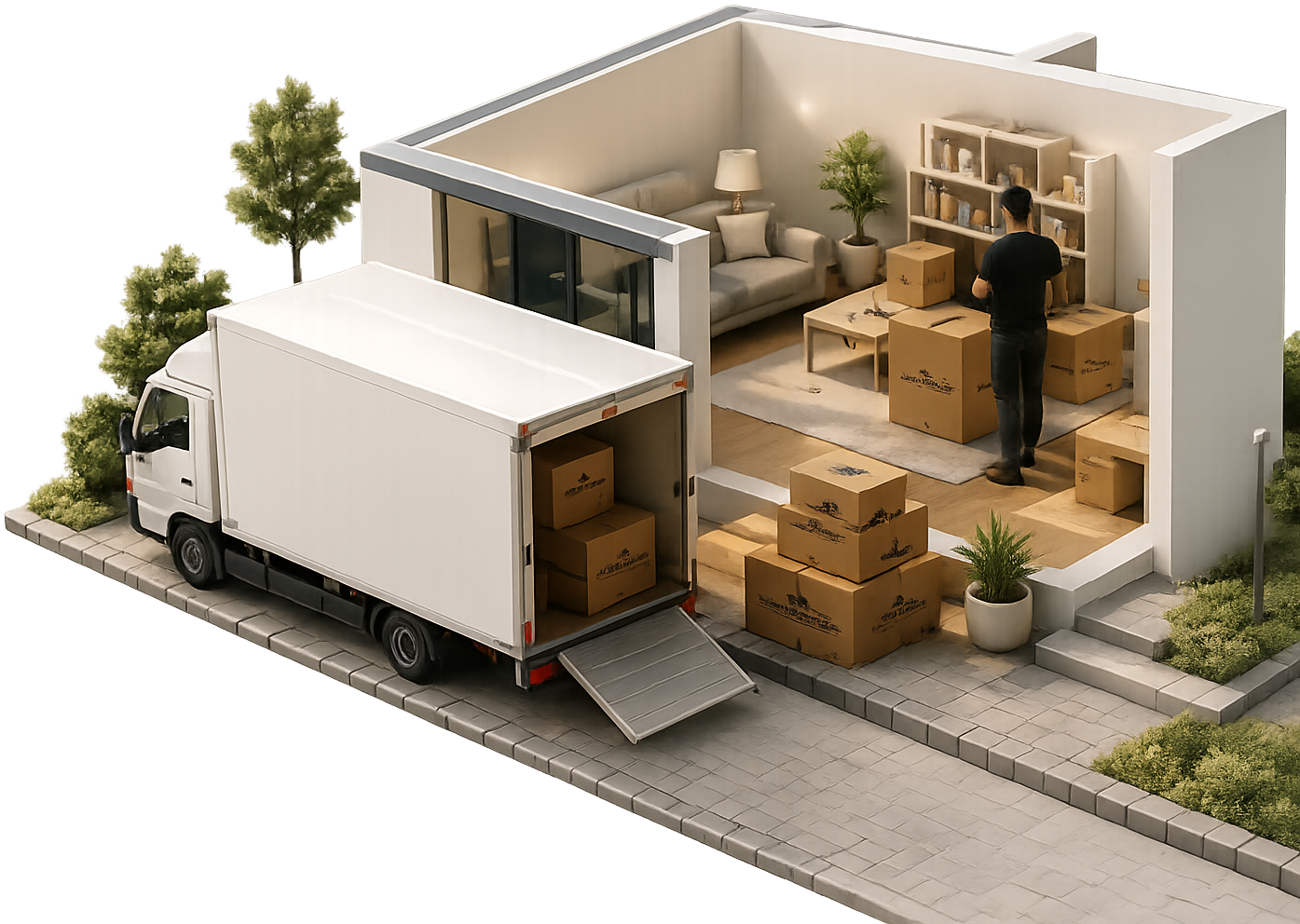 Isometrische 3D Szene: Kottke Transporter vor einem offenen Wohnzimmer mit Umzugskartons
