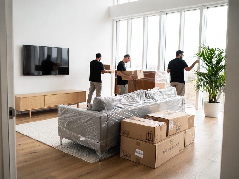 Drei Mitarbeiter von Kottke-Umzüge richten ein helles Wohnzimmer ein, davor ein in Folie verpacktes Sofa und gestapelte Umzugskartons