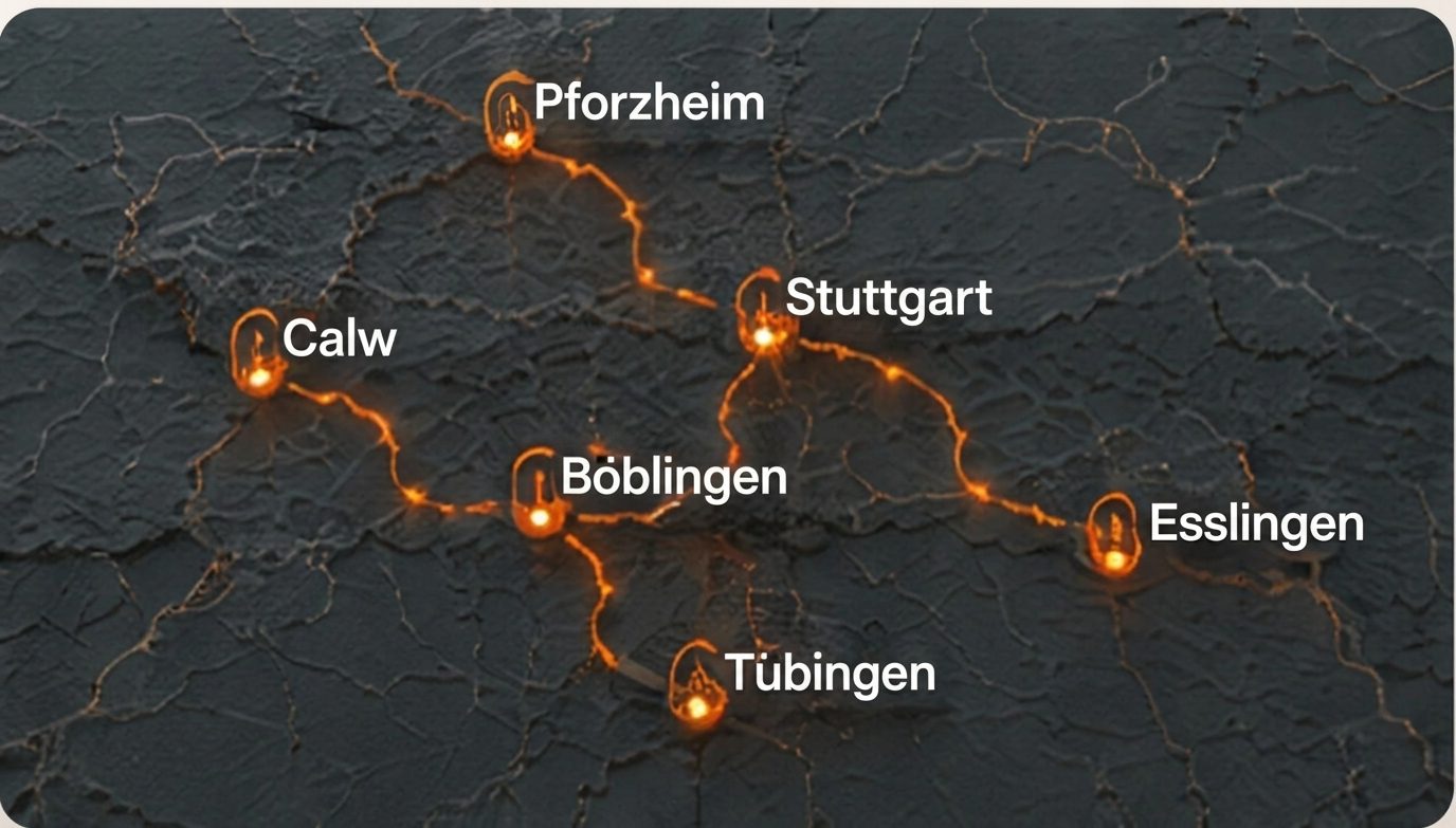 Karte des Einsatzgebiets mit Pforzheim, Calw, Böblingen, Stuttgart, Tübingen und Esslingen