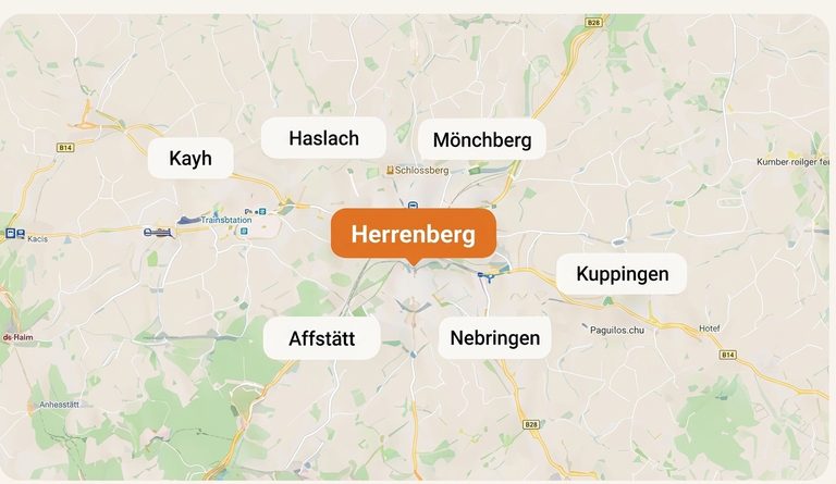 Karte von Herrenberg mit den umliegenden Orten im Einsatzgebiet